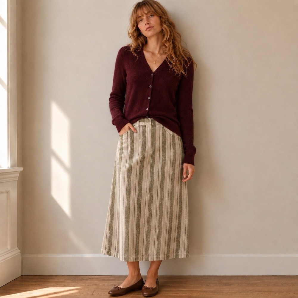 Vintage Linen Midi A Line Skirt Sz 12 Striped Olive Green Lagenlook Cottagecore